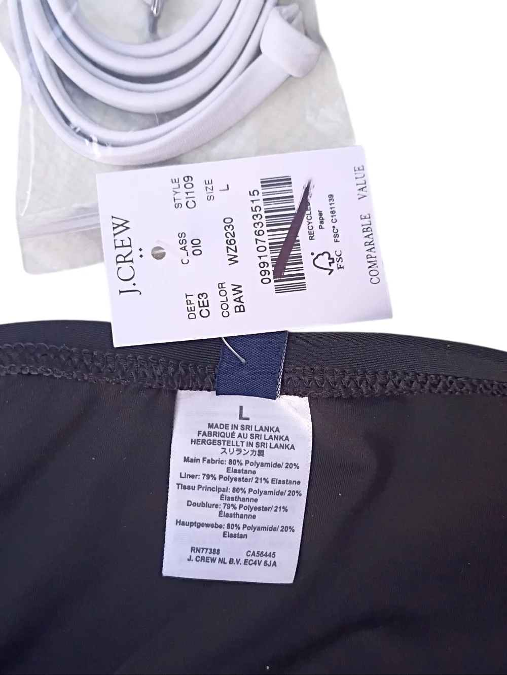 J. Crew 1-Piece Black Swimsuit with White Scallop Trim sz L NEW